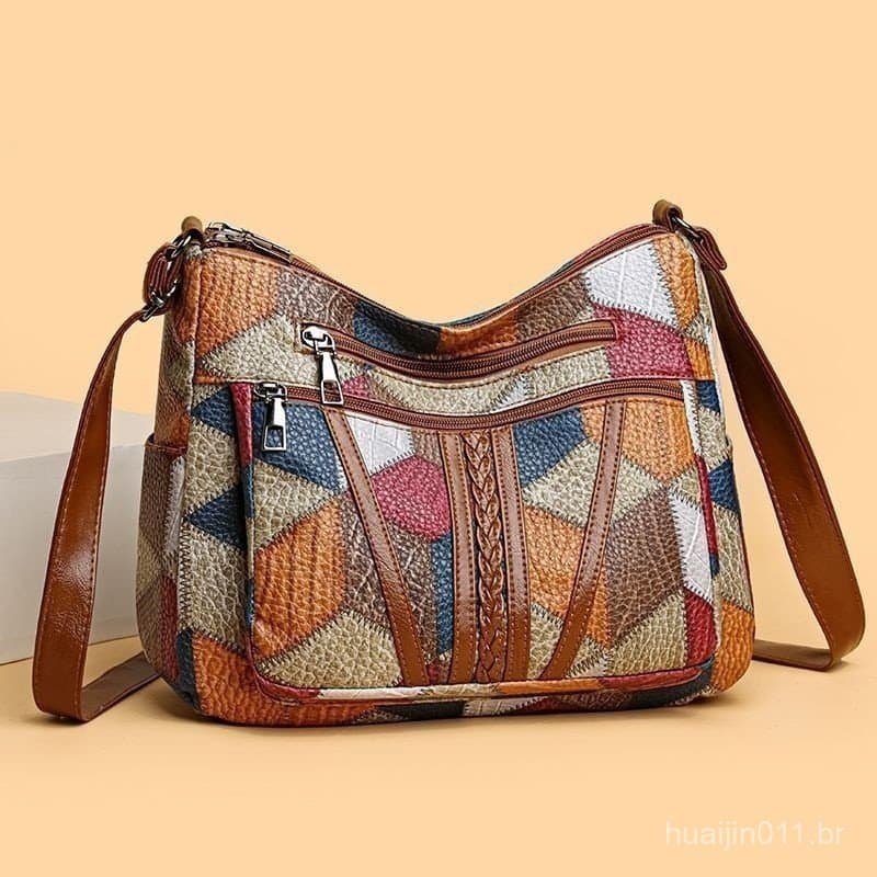 Bolsa de ombro feminina xadrez de couro PU elegante e luxuosa
