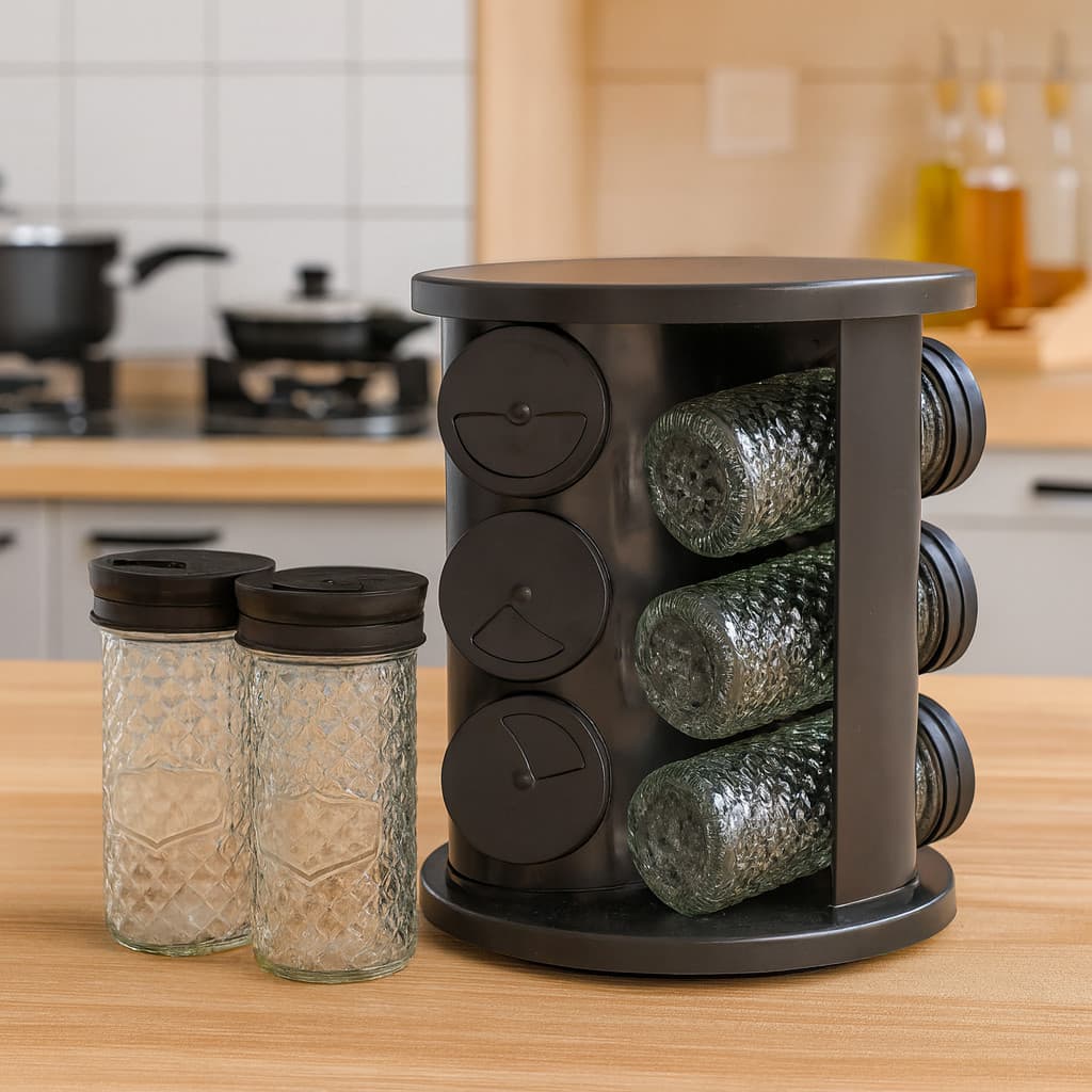 Porta Temperos Giratório Preto com 9 Potes de Vidro - Cozinha Organizada e Moderna 🍳