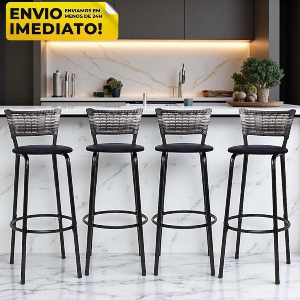 Jogo 4 Banqueta Alta Premium Junco Degrade Cozinha Rústica Americana de Fibra Sintetica