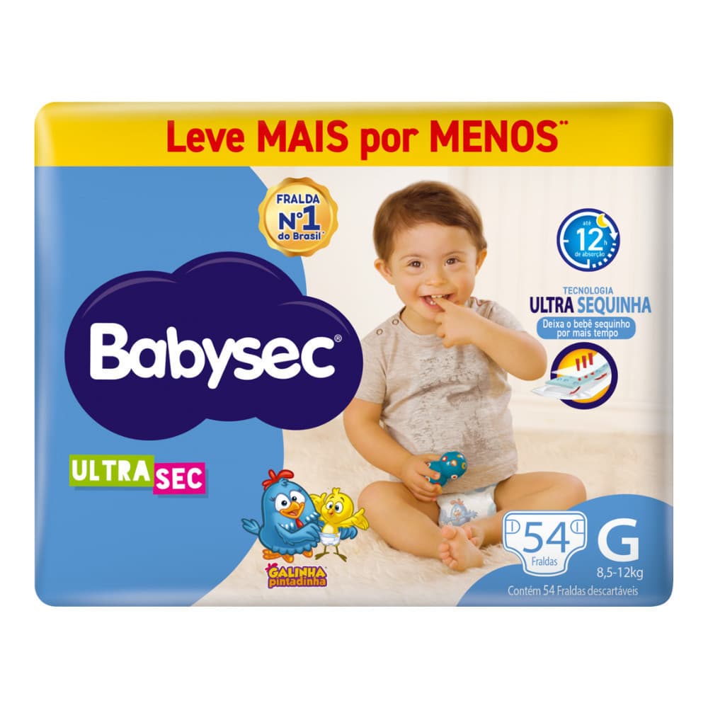Econômica Fralda BabySec Hiper G 54 Unidades- Ultrasec Galinha Pintadinha - Bebê sequinho por mais tempo