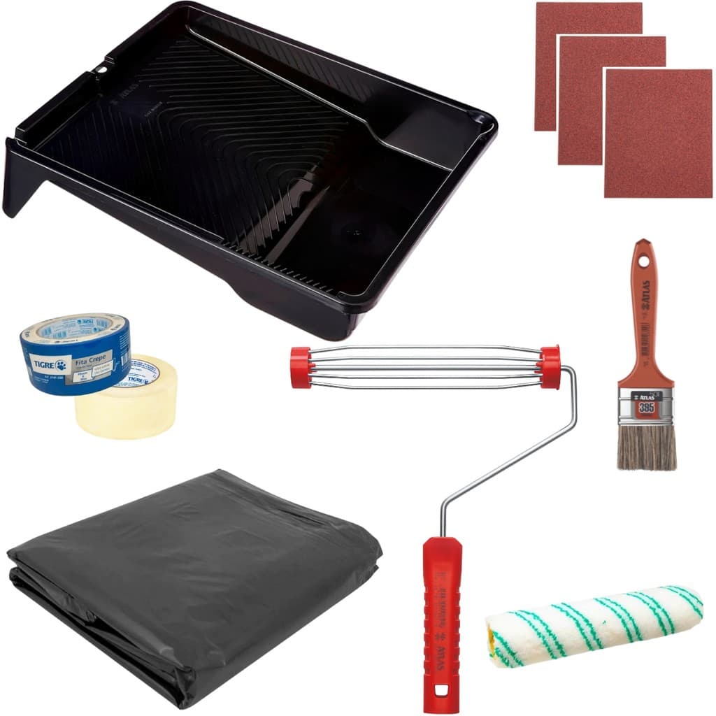 Kit Rolo 23cm Suporte Rolo Bandeja 2,7L Lixas 120 e 100 Fita Crepe Trincha 50mm e Lona Protetora para Pintura