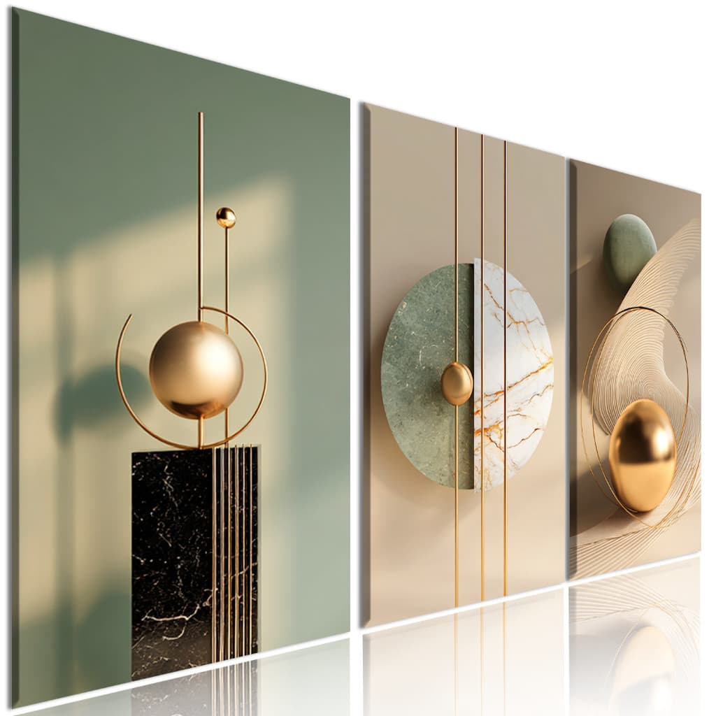 Kit Quadros Decorativos Abstratos Modernos Tons Verdes e Dourado Estilo Luxo Geométrico