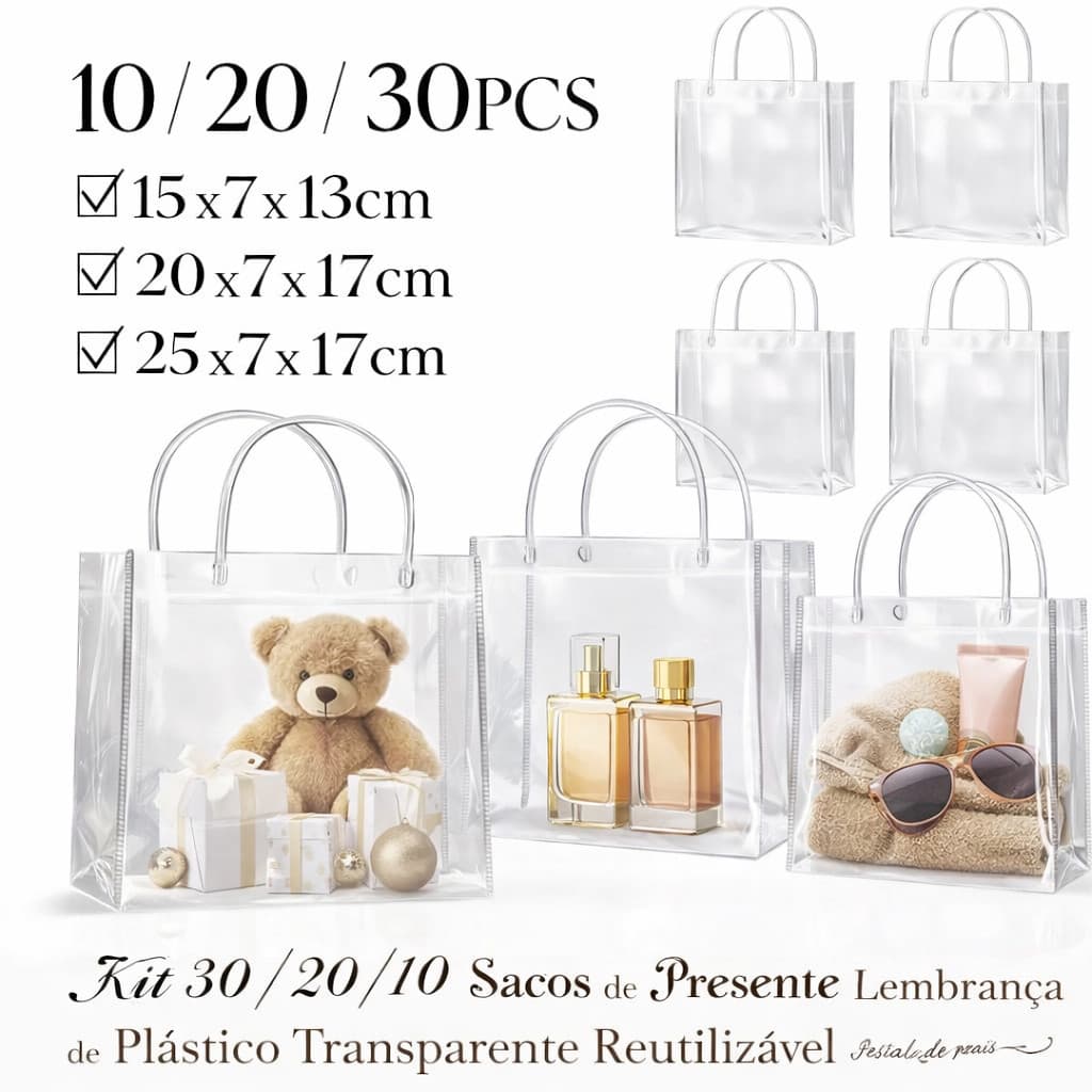 Kit 10/20/30 Sacos Sacolas Plastico Transparentes Reutilizáveis para Presente Personalizado Luxo Lembrancinhas Perfumes