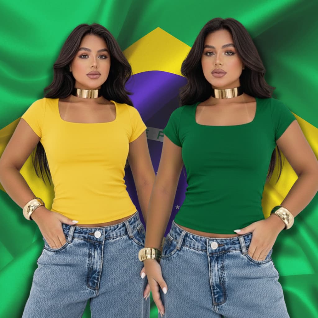 Kit 2 Blusinhas Baby Look Manga Curta Feminina Decote Quadrado Forro Duplo Copa Brasil 2026