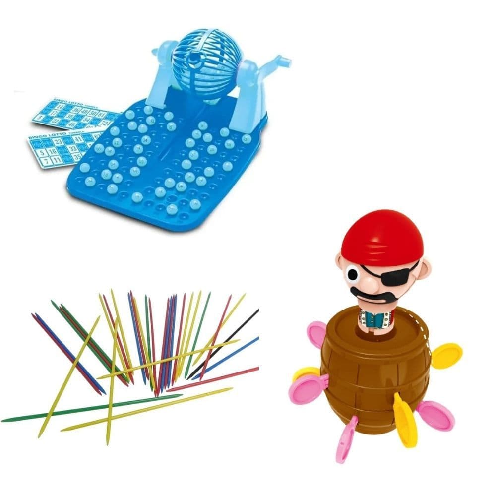 Kit 3 Jogos: Bingo Show 24 Cartelas + Pega Varetas + Barril Pirata