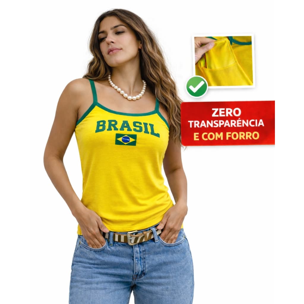 Regata Brasil da Virginia Feminina Estilosa Blusa Verde Amarela Copa Estampada Confortável Ajustável