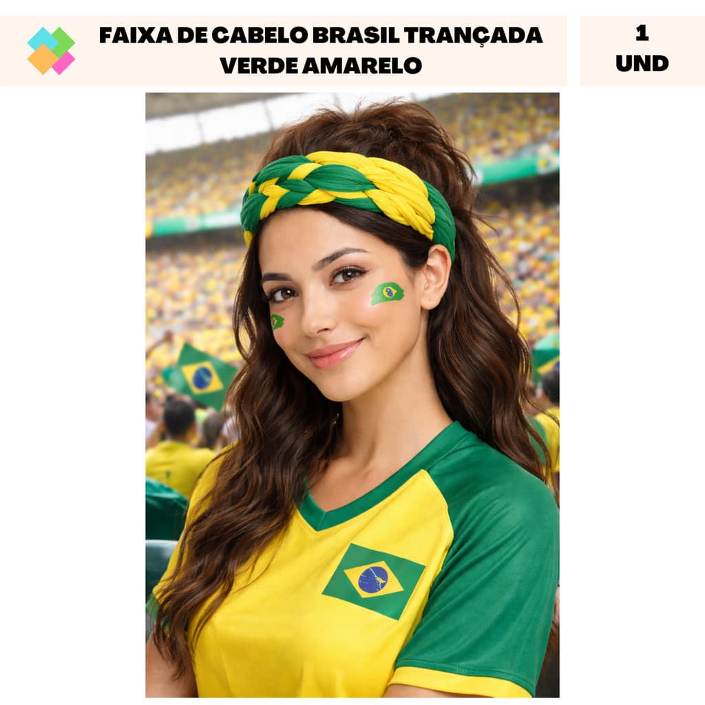 Faixa de Cabelo Brasil Trançada Verde Amarelo Copa Mundial