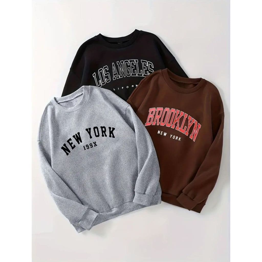 Kit 3 Blusas Moletom Careca New York, Los Angeles & Brooklyn Frio Unissex Masculino e Feminino Gola Redonda