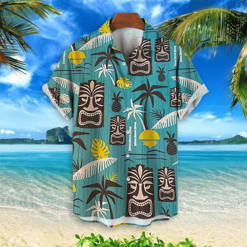 Camisas Havaianas com Estampa Tiki 3D para Homens, Camisa Retro Masculina Solta e Casual, Nova Tendência de Moda 2026, C