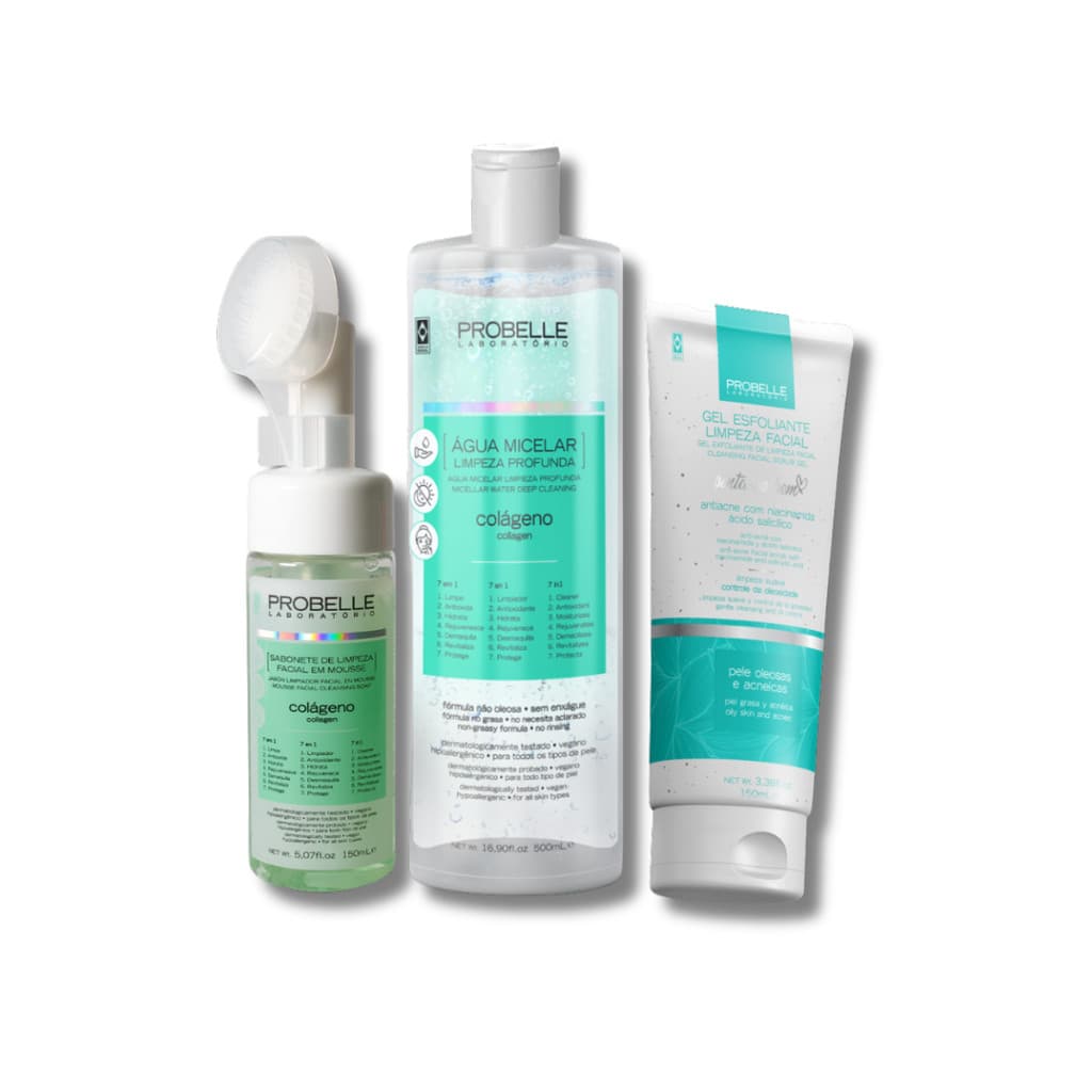 KIT Skin Care Probelle (Gel esfoliante + Mousse de Limpeza + Água Micelar)