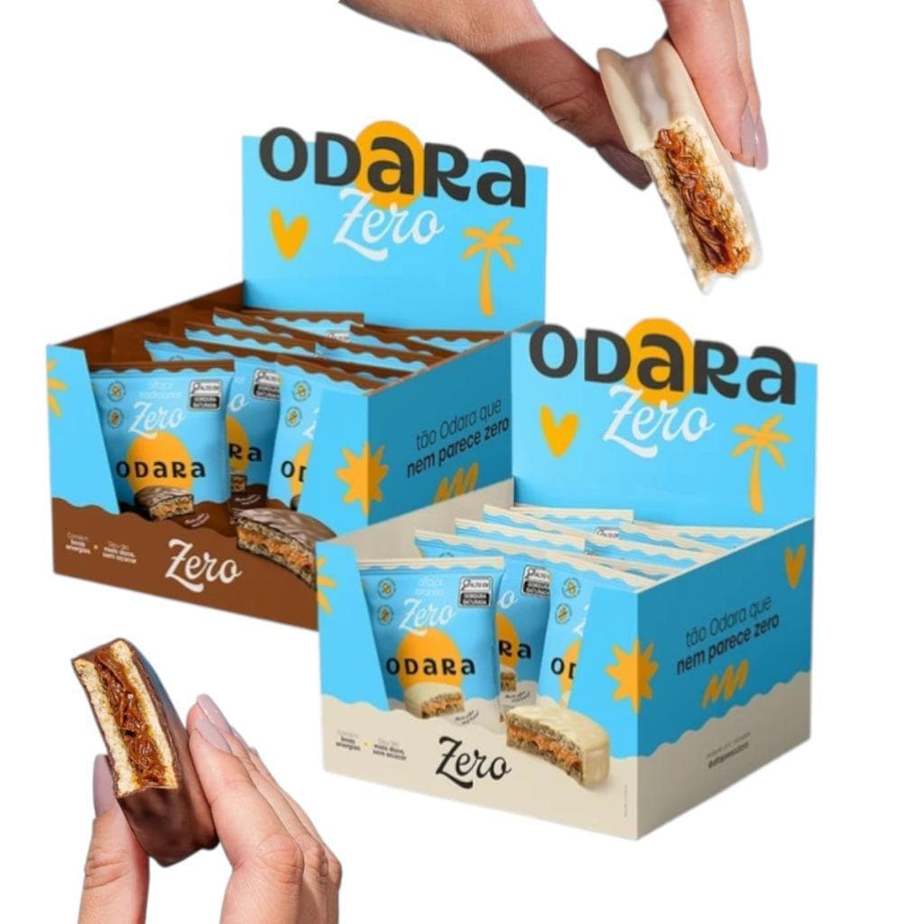 Kit Caixa Alfajor Odara Zero Lactose Adição Açucar Chocolate Branco + Chocolate Meio Amargo