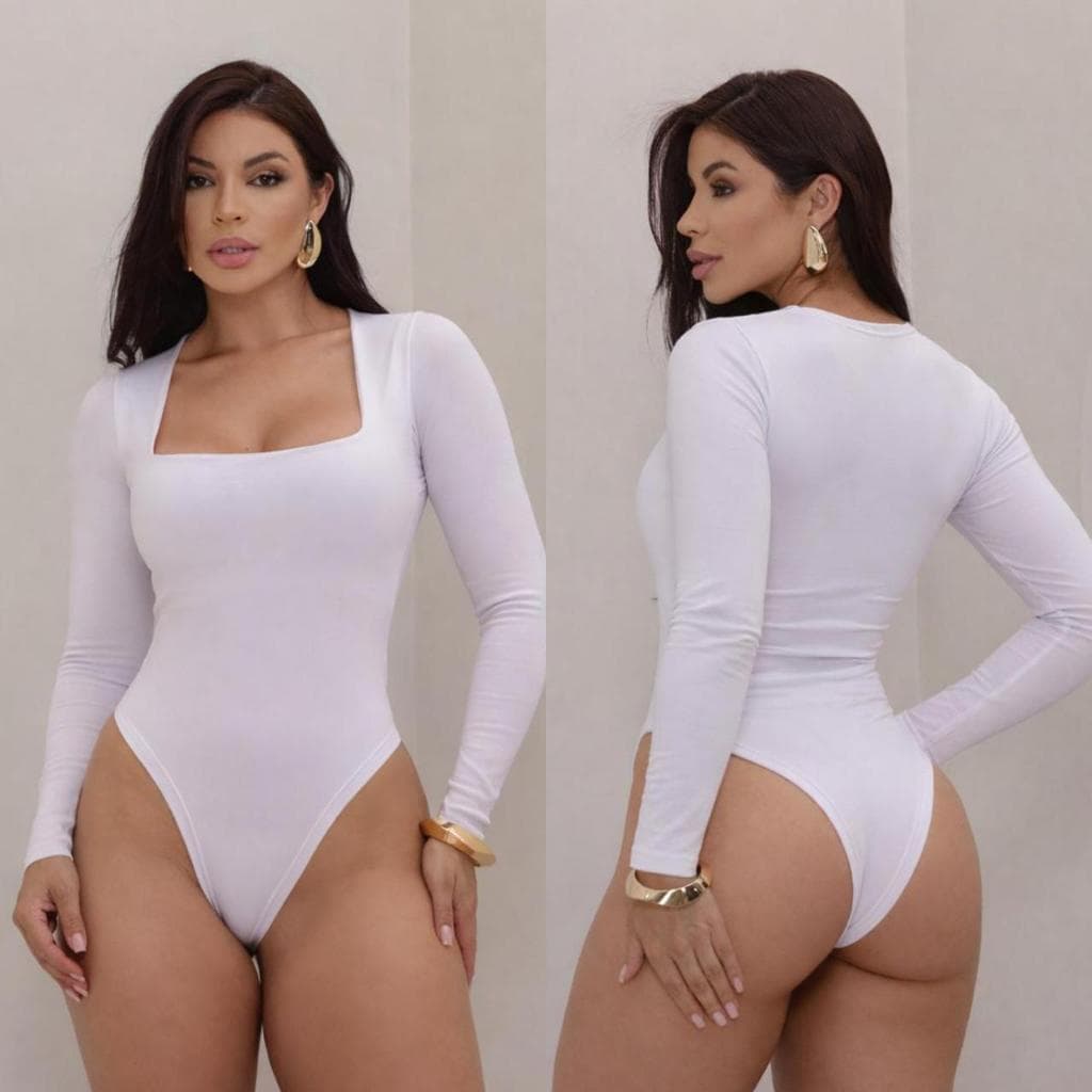 Body Feminino Decote Quadrado Manga Longa Suplex Premium Romântico
