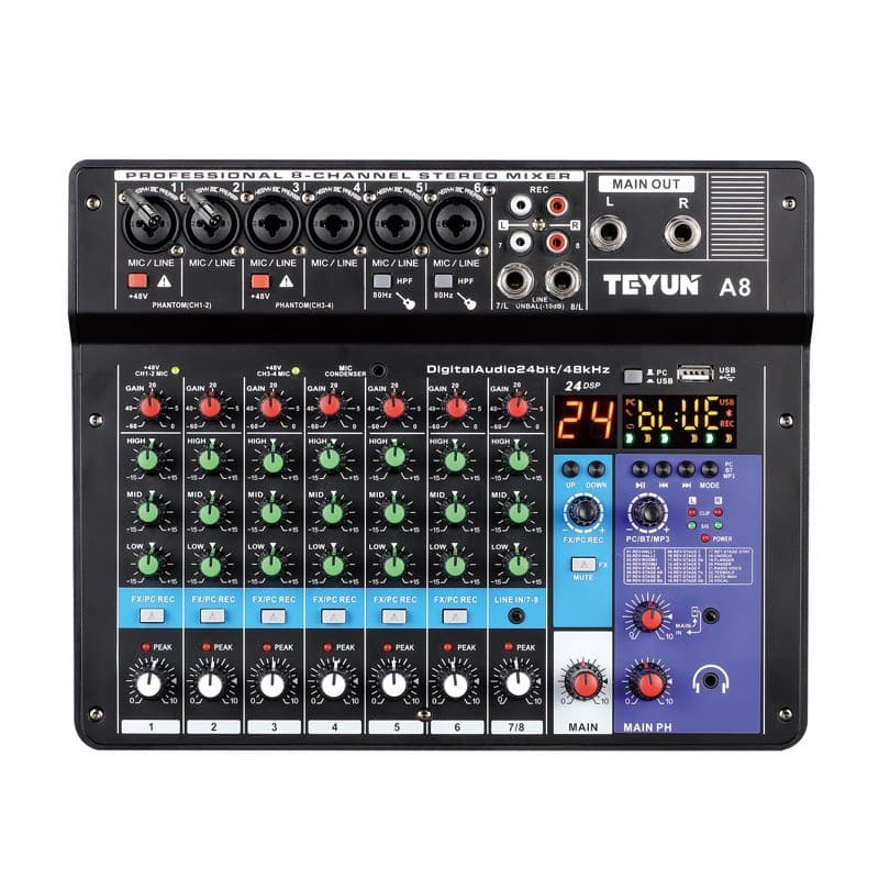 TEYUN A8 Mesa De Som 8 Canais Mixers Som Mixagem Console Gravação Multipista 24DSP alimentação fantasma de 48V Bivolt