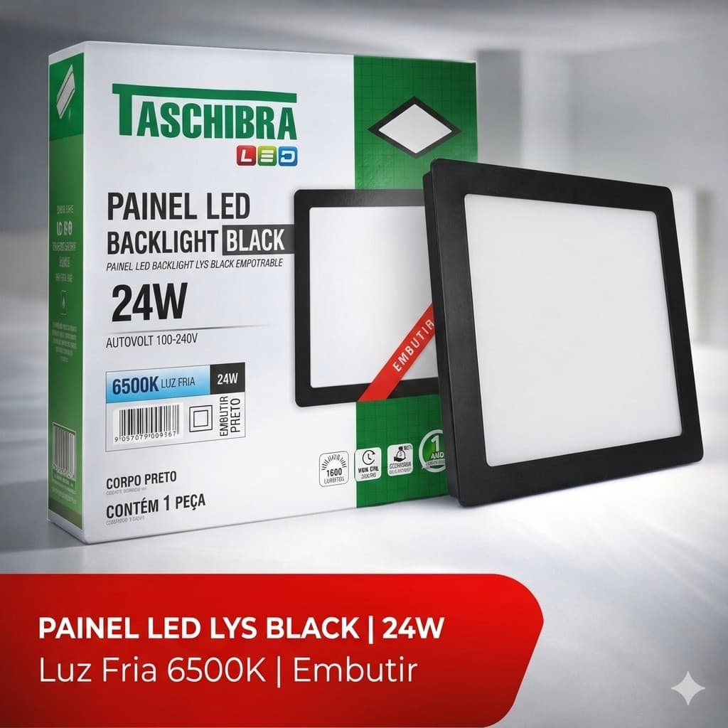 PAINEL LED PRETO BIVOLT 110/220V EMBUTIR QUADRADO BRANCO FRIO PVC TASCHIBRA 6500K 24W  FÁCIL INSTALAR