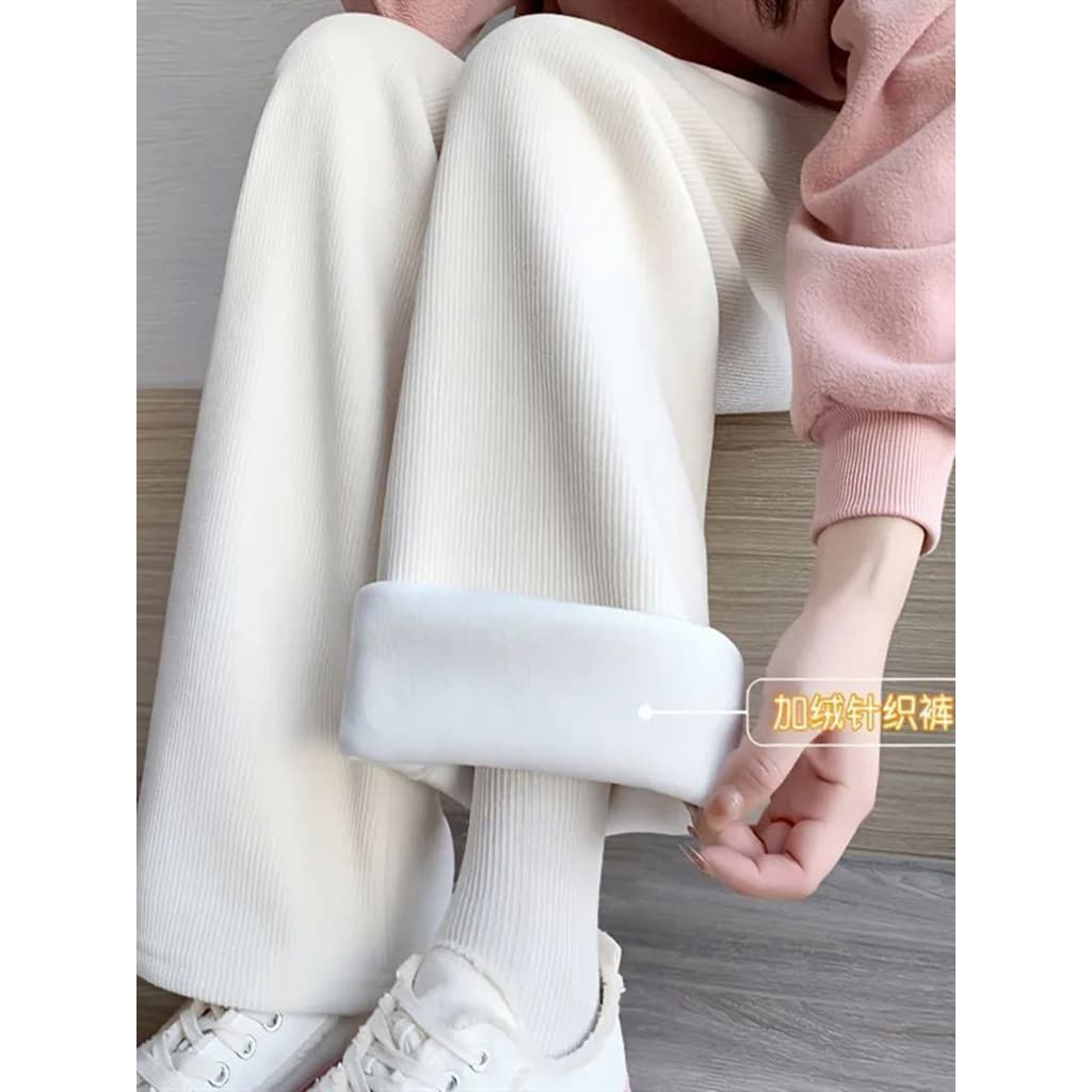 Veludo branco mais veludo engrossado calças de perna larga feminino outono inverno cintura alta Drape solto mais magro o