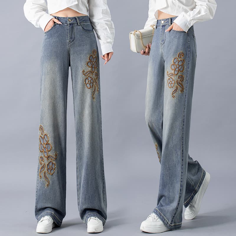 Calças de brim femininas 2025 novo estilo indústria pesada bordado flor estilo nacional strass quentes mulheres outono c