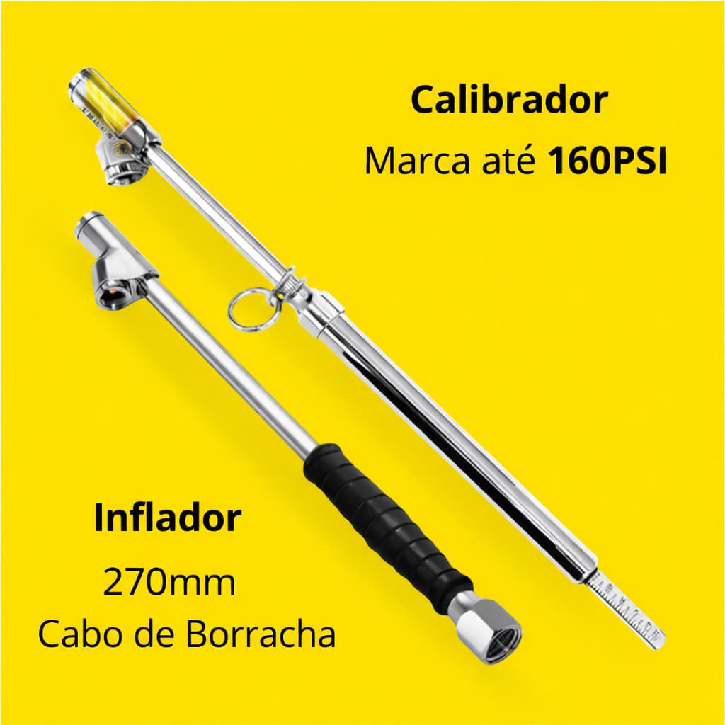 Kit Calibrador com Marcado de160 PSI + Bico Inflador Duplo Longo 280mm 1/4 Polegada para Pneus