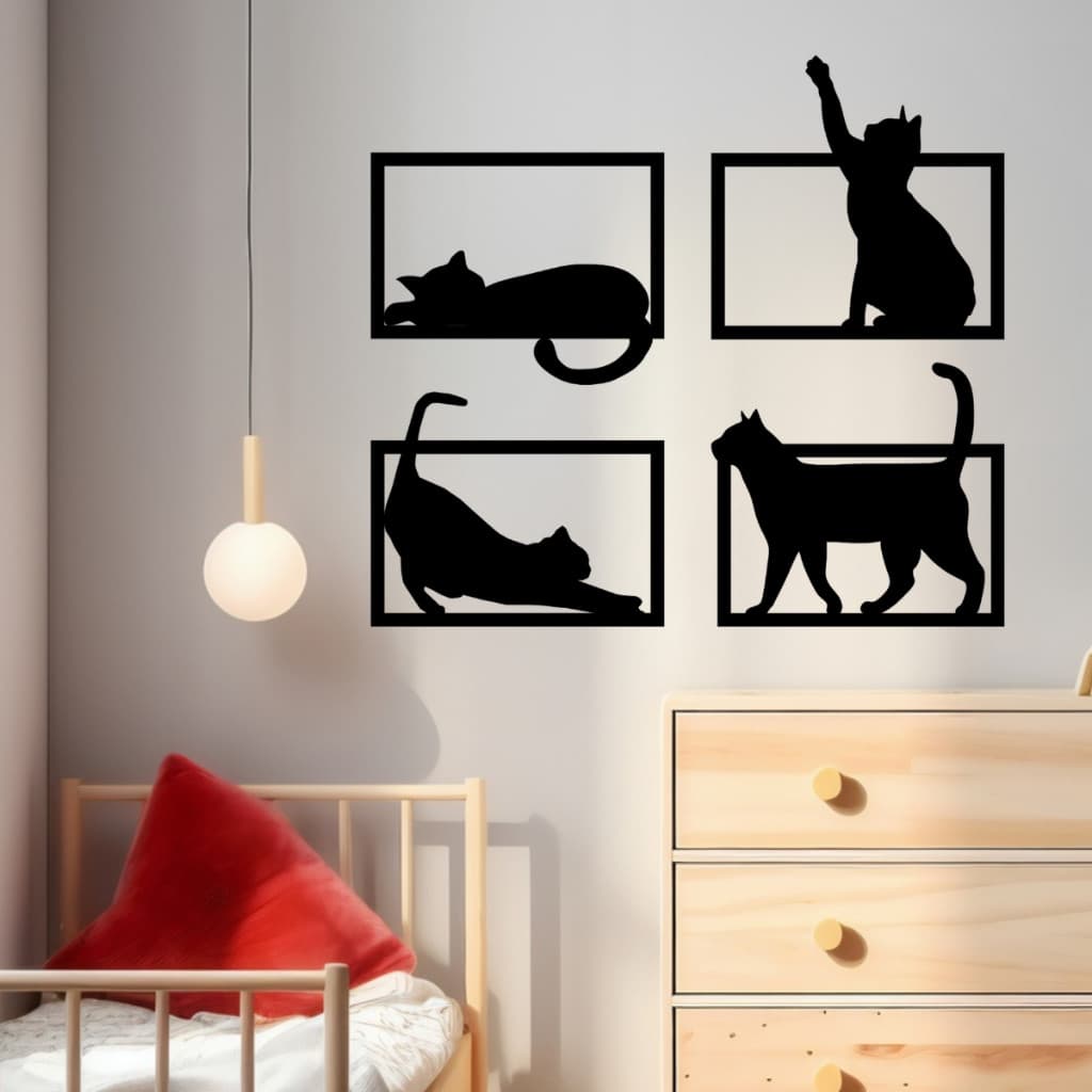 Kit 4 Quadros De Parede Gatinhos Gatos Brincando Vazado Decorativo para Quarto de Criança Sala MDF