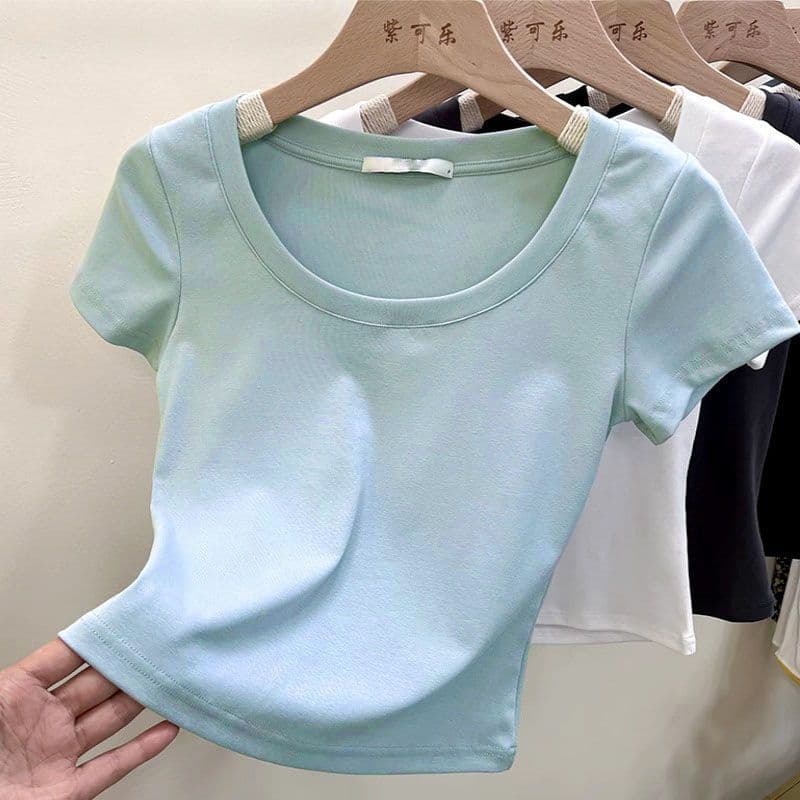 Camiseta feminina de manga curta com gola redonda, Slim fit, verão 2026, novo estilo, Top curto, cor sólida, aparência m