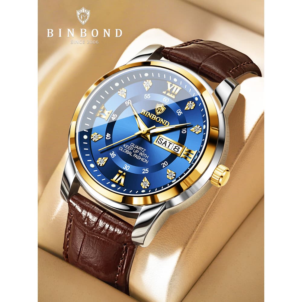 BINBOND Relógio masculino genuíno à prova d'água relógio de quartzo masculino negócios cravejado de diamantes couro genu