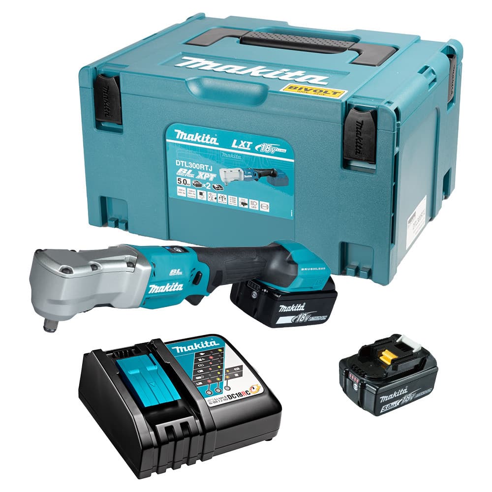 Chave de Impacto Angular 1/2" a Bateria 18V LXT Motor BL + 2 Baterias 18V 5Ah + Carregador + Maleta Makita DTL300RTJ