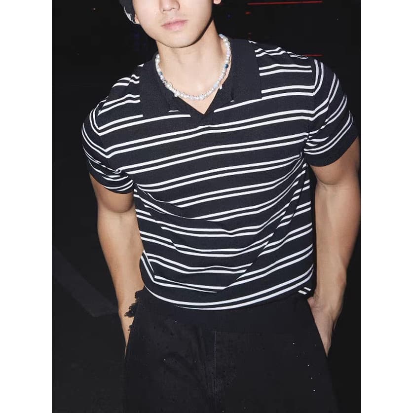 Americano cara resistente listrado camisa polo de malha muscular masculino legal respirável fino-ajuste moletom de manga