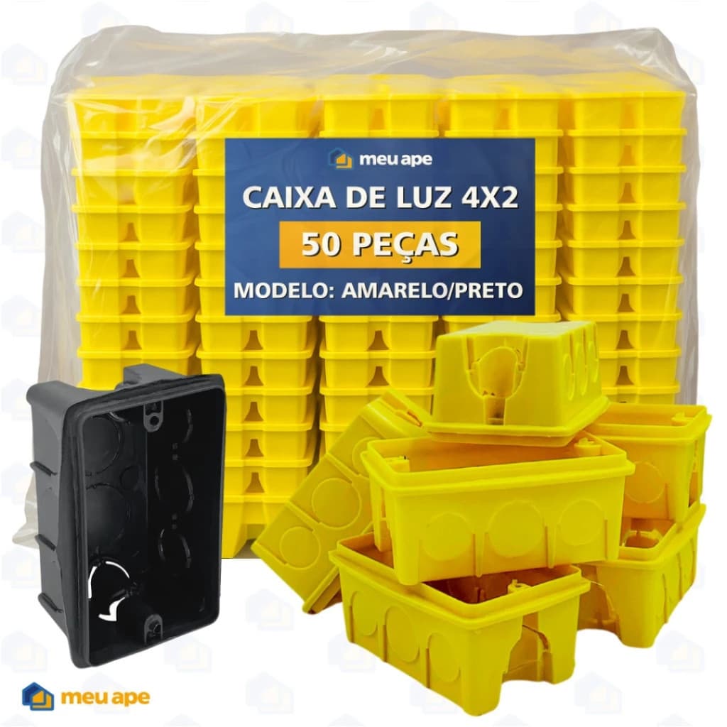 50 Caixa de Luz 4x2 Reforçada P/ Tomada Interruptor Embutir Amarelo Preto Energia