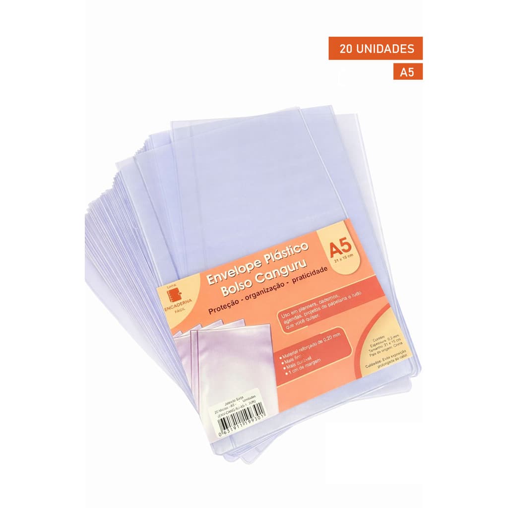 Envelope Saco Canguru Semitransparente A5 21x15 p/ Agendas Cadernos 20 unidades