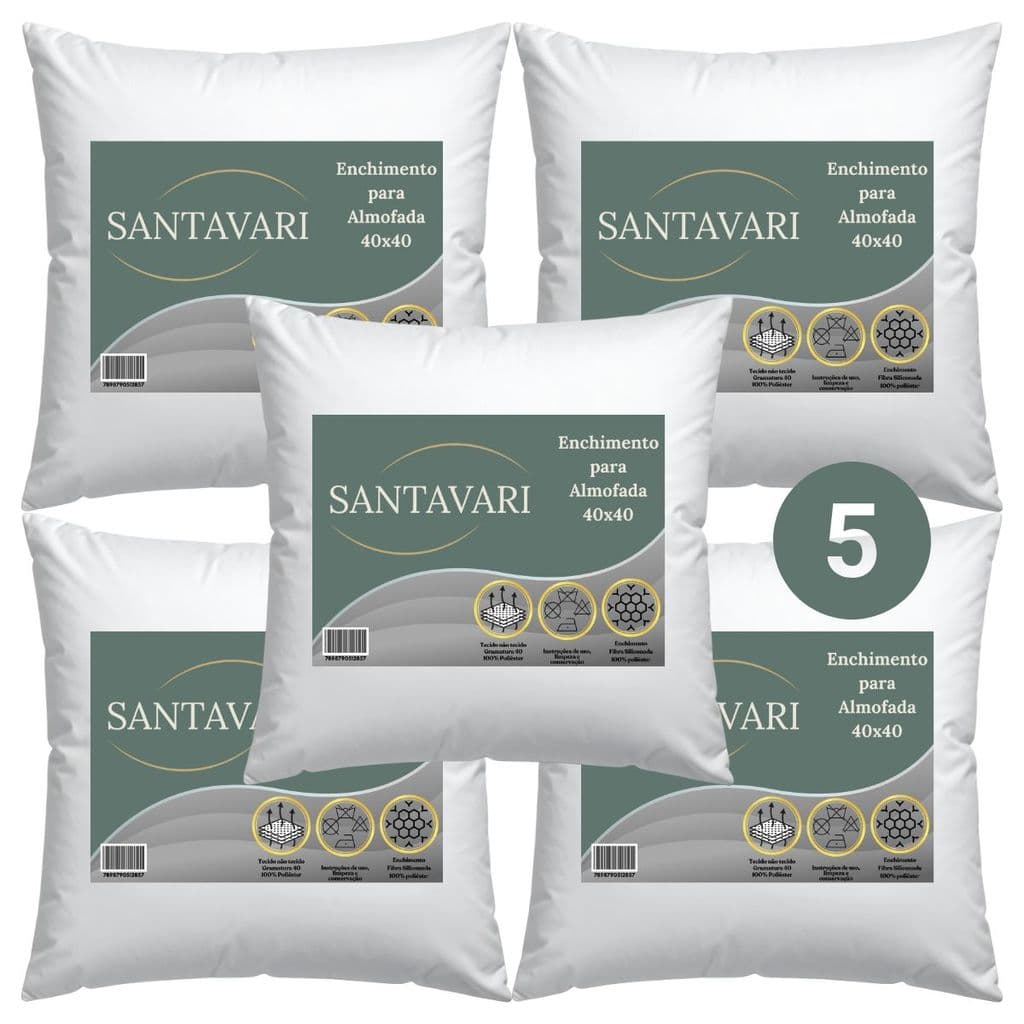Kit 5 Enchimentos de Almofada 40x40 – Fibra Siliconada com Capa TNT 40g