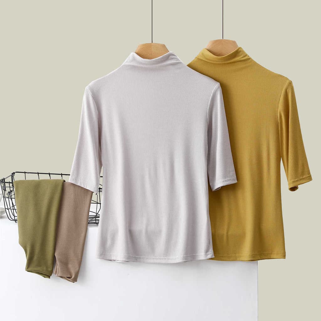 Verão rosqueado estilo fino meia manga meia gola alta camiseta feminina roupa interior magro ajuste All-match nova cor s