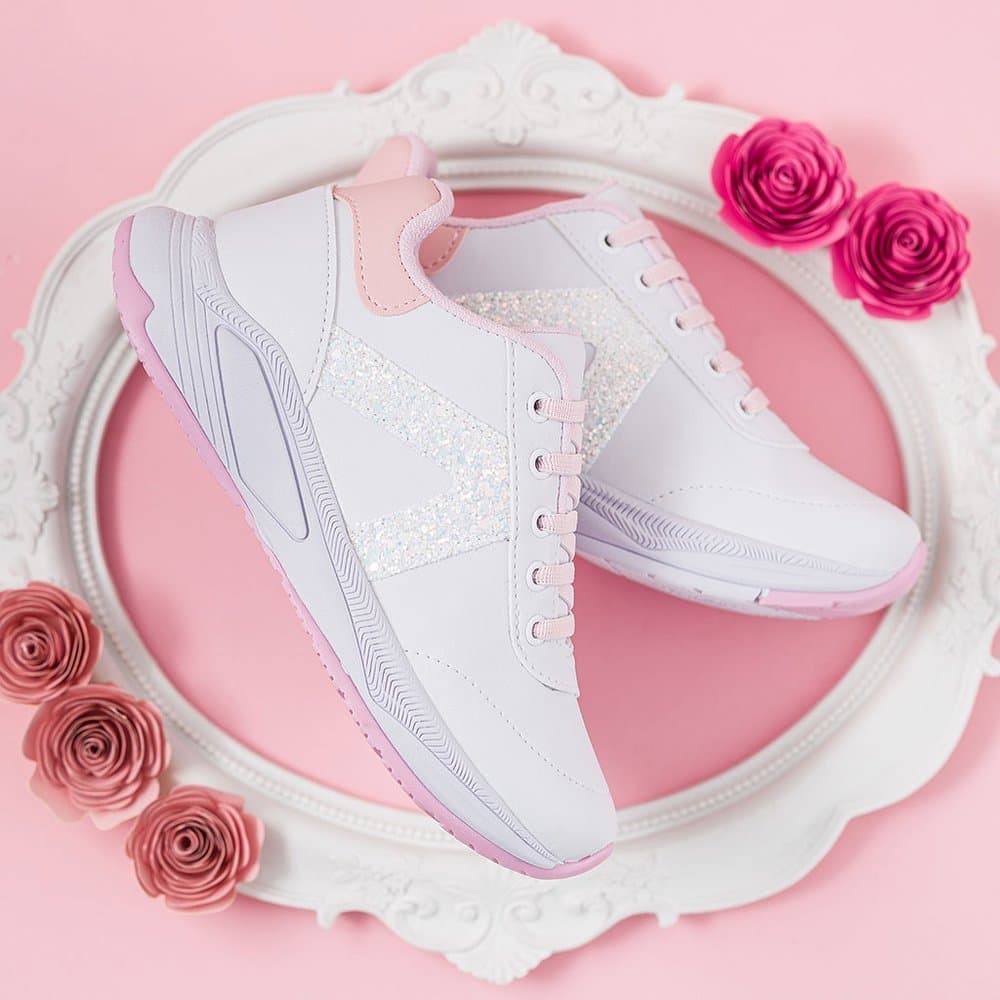 Tênis Infantil Feminino Branco Com Rosa E Glitter Confortável E Estiloso