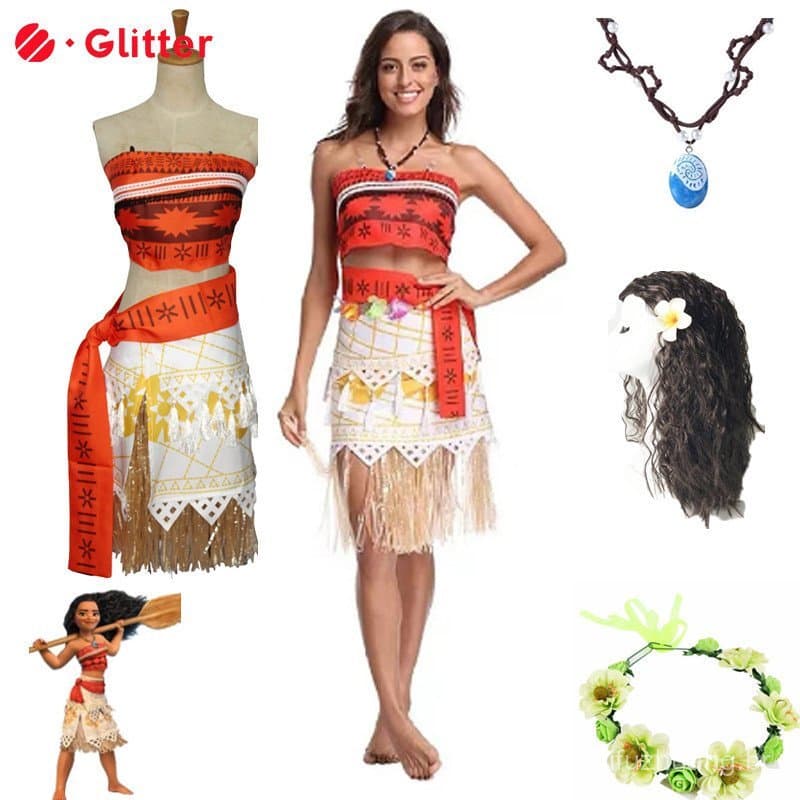 Fantasia Moana Do Filme Disney Para Mulheres Adultas , Peruca De Princesa De Verão , Top , Saia , Vestido De Festa De Ca