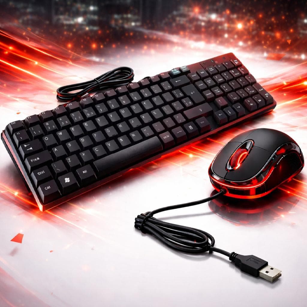 Kit: Teclado Com Fio + Mouse Led Vermelha Optical Com Fio 1000dpi Usb Padrão