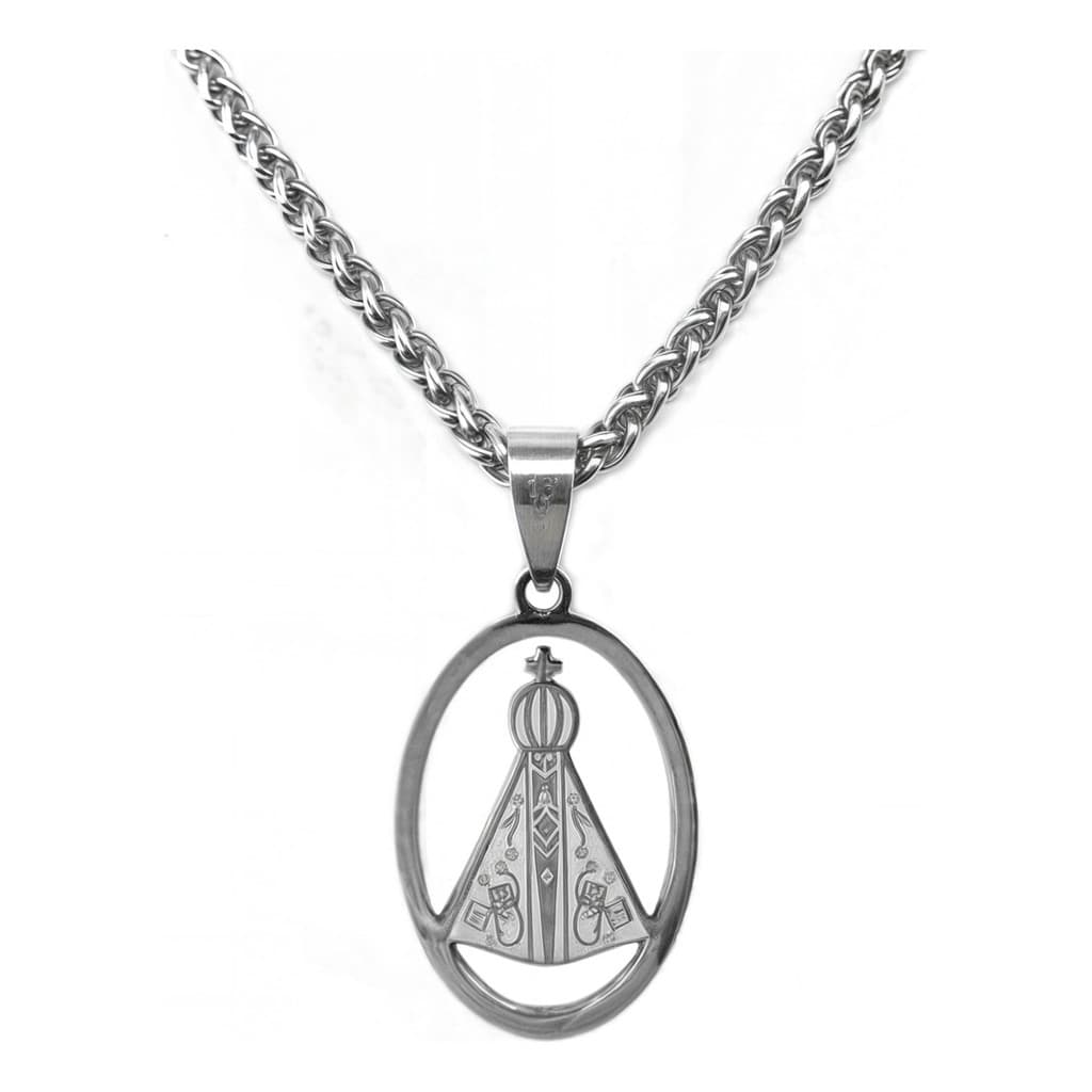 Corrente Masculina Trançada Pingente Oval Aparecida Aço Inox