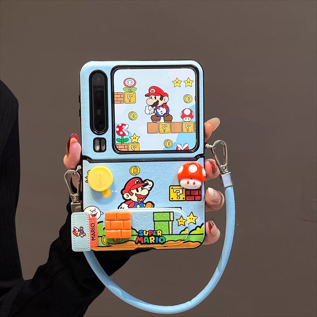 Capa Para Samsung Galaxy Z Flip7 Suporte De Espelho Mario De Desenho Animado Com Corrente De Telefone Tela Dobrável Pura