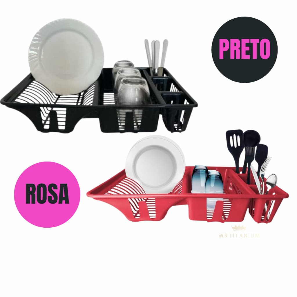 Escorredor De Louças Rosa ou Preto 48cm Plástico Seca Prato Talher Copo