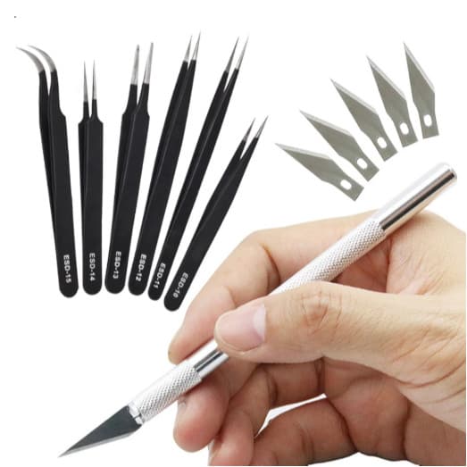 Estilete De Precisão Bisturi 5 Laminas + 6 Pinças Artesanato Bijuterias