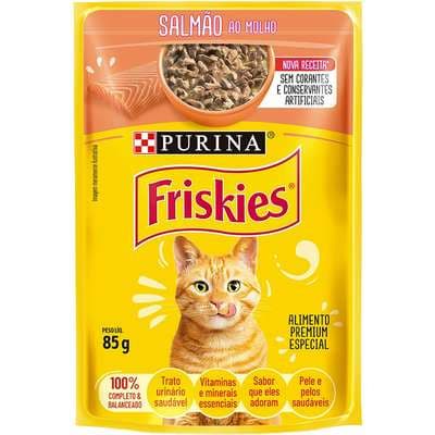 Sachê Friskies para gatos adultos sabor salmão ao molho 85g.