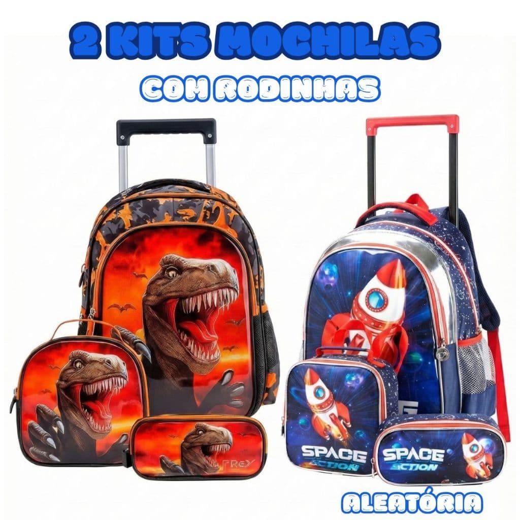 2 Kits Mochila Infantil Masculina Aleatória Com Rodinhas - Mochila + Lancheira + Estojo