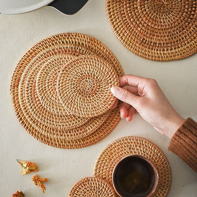 Porta-copos de Rattan Natural Feito à Mão, Tapete de Chá Redondo, Tapete de Isolamento Térmico, Acessórios para Cerimôni