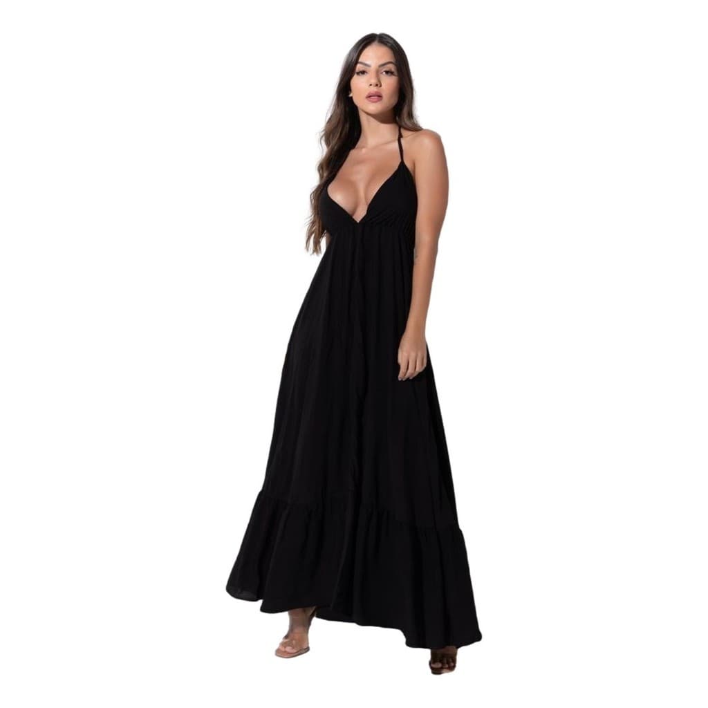 Vestido Longo Decotado Casual Rodado Elastex Viscolinho Feminino