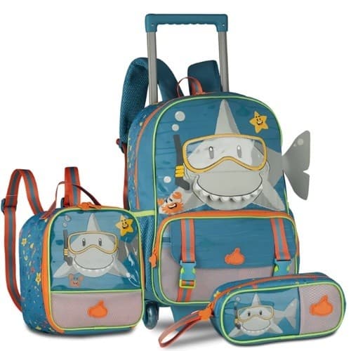 Kit Mochila Rodinhas Estojo Lancheira Tubarão Escolar Infantil Escola Pronta Entrega