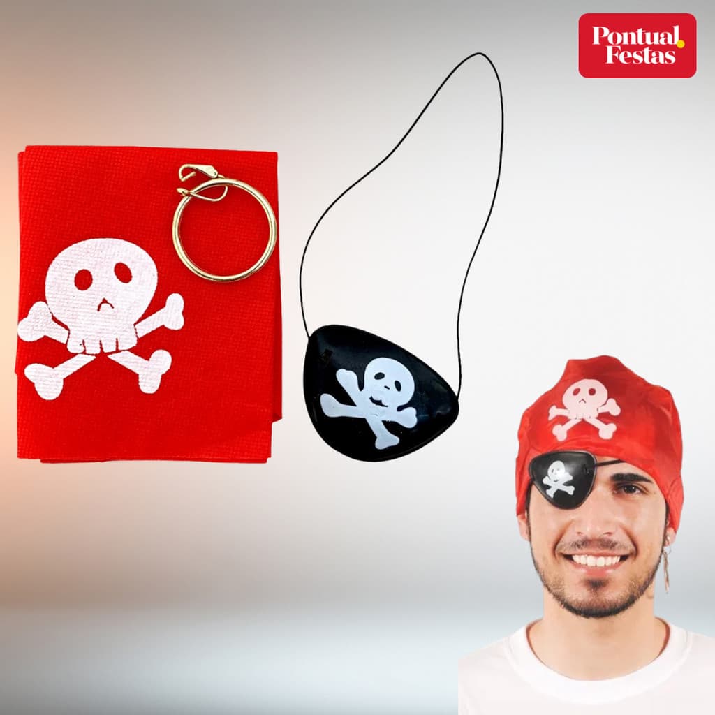 Kit Fantasia de Pirata 3pçs com: Bandana, Tapa Olho e Brinco. Fantasia Carnaval. Acessórios para Bloquinho