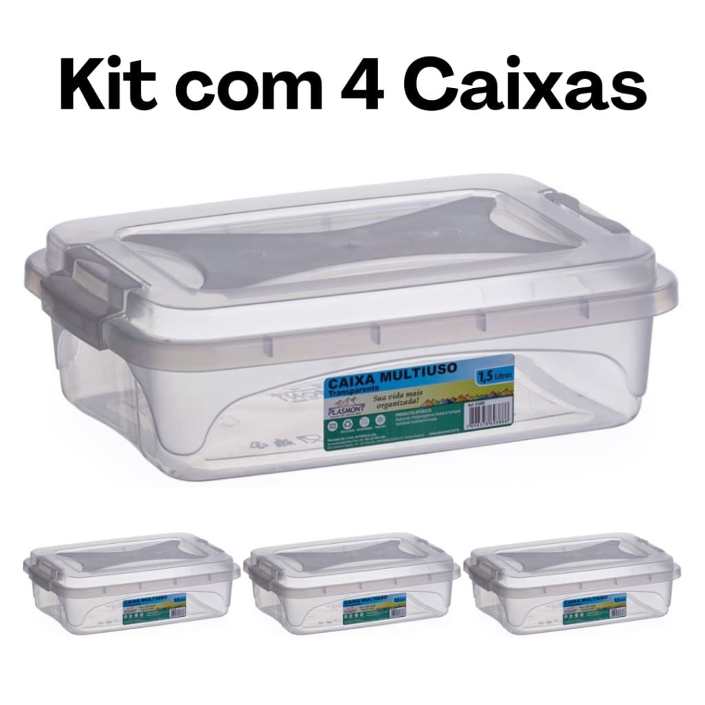 Kit 4 Caixas Organizadoras 1,5L com Tampa e Trava Plástico Escritório Cozinha Armário  Banheiro