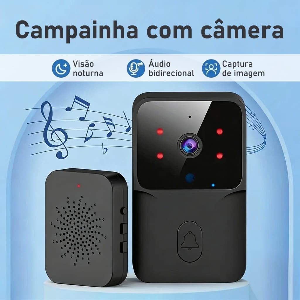 Campainha Inteligente Sem Fio Camera Monitoramento HD Wi-Fi Visao Noturna Audio Conversa Bidirecional Smart Home