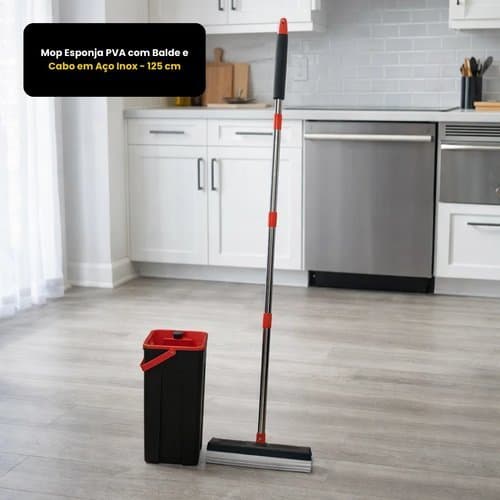 Mop Esponja Rodo Giro Absorvente Balde Cabo Aço Inox Limpeza Rápida Vidro Piso