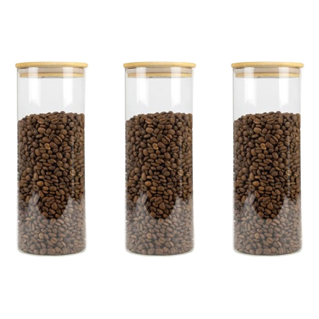 Kit 3 Pote Hermético Vidro Tampa Bambu Porta Mantimentos Organizador Conserva Alimentos Geladeira Porta Café Milho Arroz