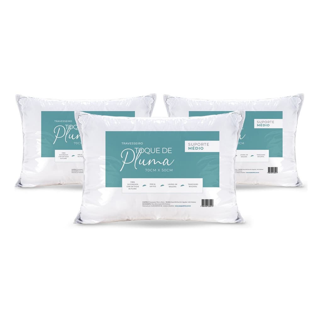 Kit Com 3 Travesseiros Toque De Pluma Percal 180 Fios 70x50 Moldável Premium Conforto