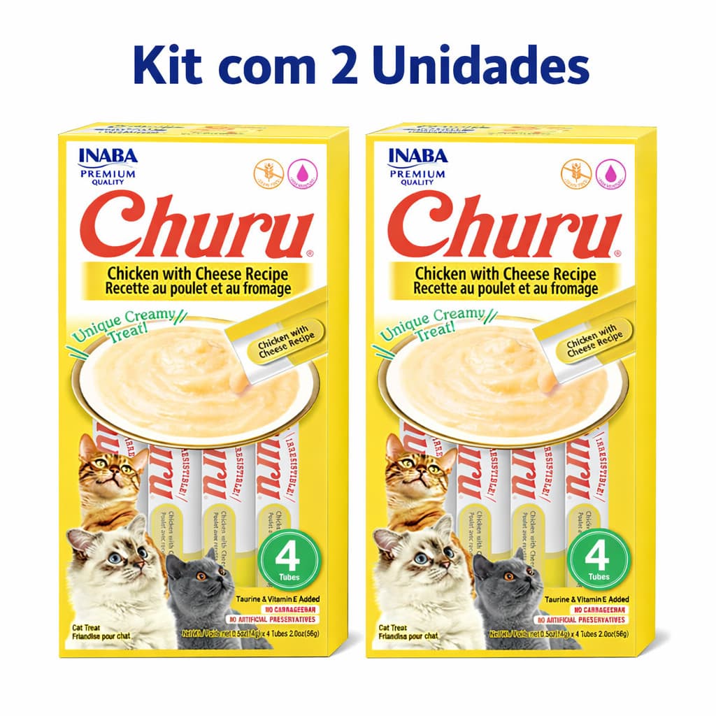Kit 2 Petisco Churu Gatos 4 Tubos de 14g Sabor Frango Com Queijo