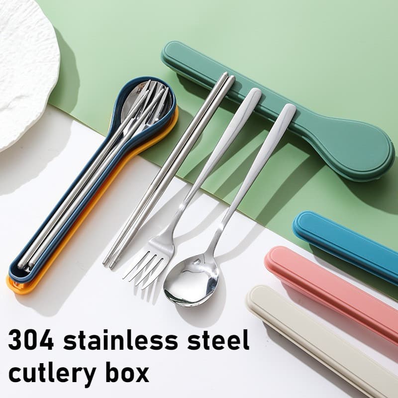 304 Pauzinhos De Aço Inoxidável Colher Garfo Conjunto Estudante Ao Ar Livre De Talheres De Três Peças